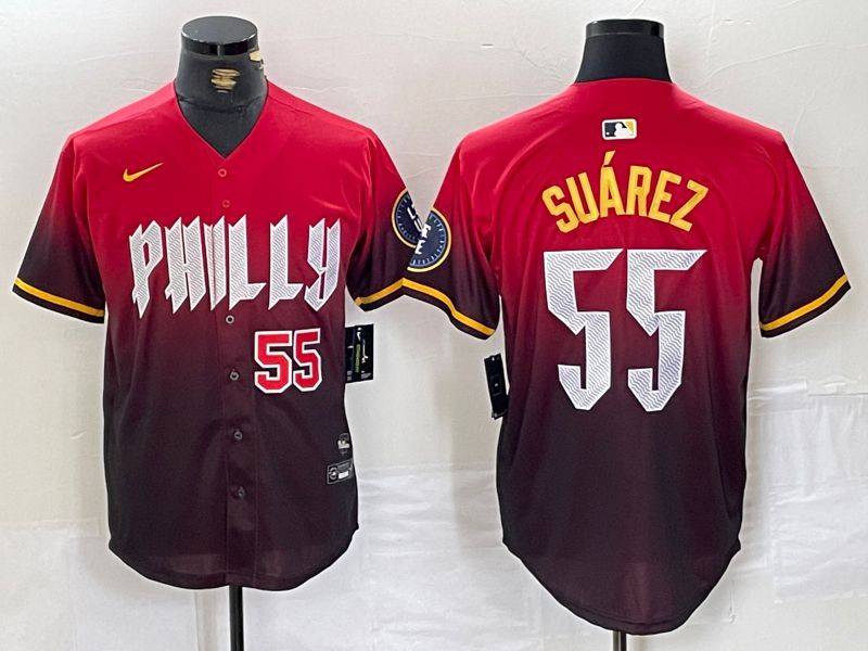 Men Philadelphia Phillies #55 Suarez Red City Edition Nike 2024 MLB Jersey style 4